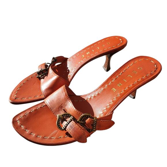 Celine Orange Kitten Heel Mules Buckle Detail Gold Stitching - Size 36.5 - Picture 6 of 9